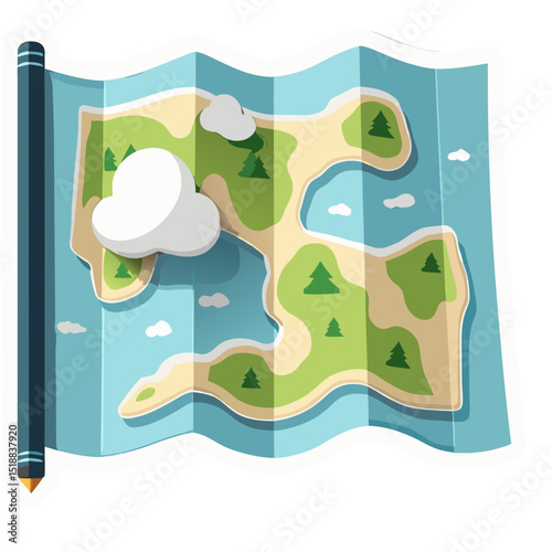 Cartoon Map Illustration with a Pencil: Navigation Concept and Travel Theme