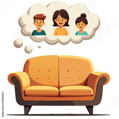Illustration of a sofa with a thought bubble depicting family members and togetherness