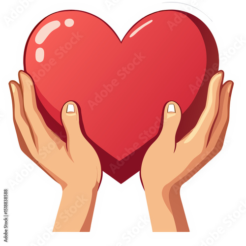 Illustration of two hands holding a red heart symbol representing love and care