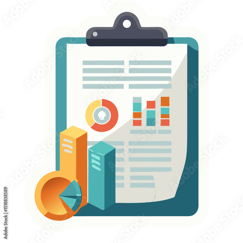 Illustration of a Clipboard with Business Charts and Graphs for Data Analysis