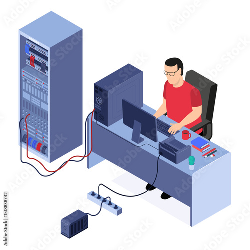 A network administrator working at a computer connected to a server rack. An isometric illustration of a person working at a computer desk, connected to a large server rack.