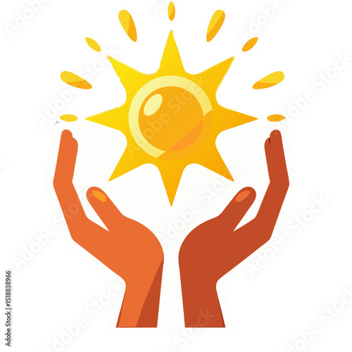 Illustration of hands cupping a bright yellow sun, representing warmth and positivity