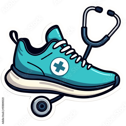 Illustration of a blue shoe with a medical cross and stethoscope on a black background