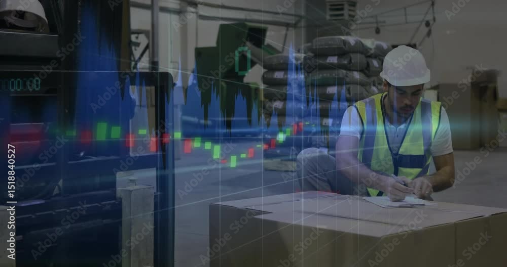 Group Inspecting Box Warehouse worker inspecting box, noting on clipboard as financial ...