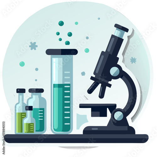 Illustration depicting a microscope and lab equipment for science, research, and laboratory studies
