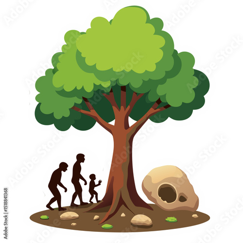 Evolutionary Journey Depicted: A Tree, Three Human Forms, and a Skull on Black Background