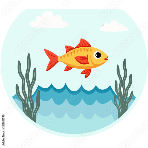 Cute cartoon fish swimming in a round fishbowl with aquatic plants and water