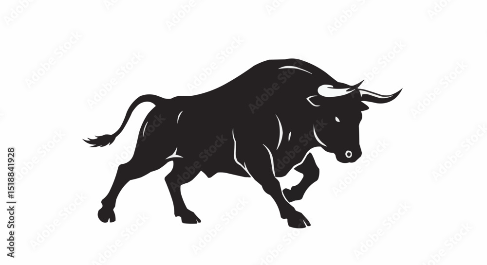 Fototapeta premium A black bull silhouette vector illustration, isolated on white, depicting a wild farm animal