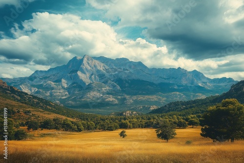 Explore the Tranquil Scenic Mountains. Nature's Idyllic Wilderness Paradise with Picturesque Views and Hiking Trails under a Dramatic Sky