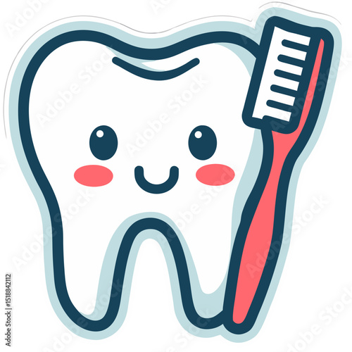 Happy tooth with toothbrush cartoon sticker design for dental health and hygiene