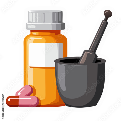 Medical Illustration: Pharmacy Supplies, Pills, Bottle, and Mortar and Pestle Vector