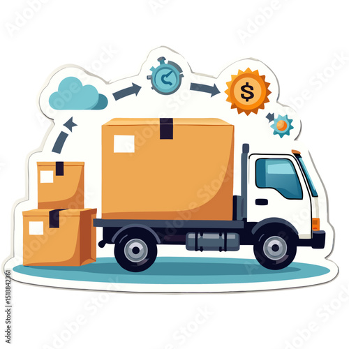 Illustration of a Delivery Truck Transporting Packages with Time and Finance Icons