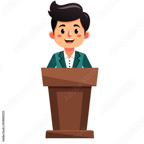 Cartoon illustration of a man giving a speech at a podium on a black background