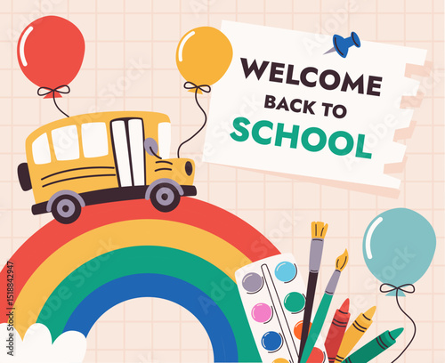Back to School Welcome Banner with Bus and Rainbow