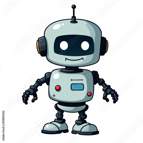 Cute cartoon robot illustration with a friendly expression and digital elements isolated