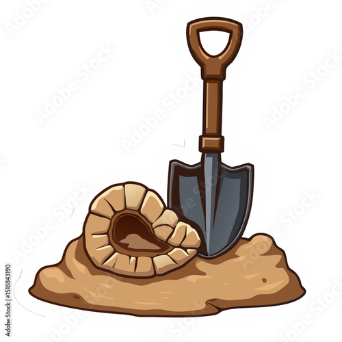 Illustration of a fossil with a shovel depicting archaeology or paleontological discovery