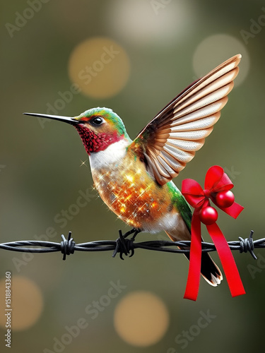 Christmas sparkly humming bird transposed with a barbed wire. War and peace metaphor.