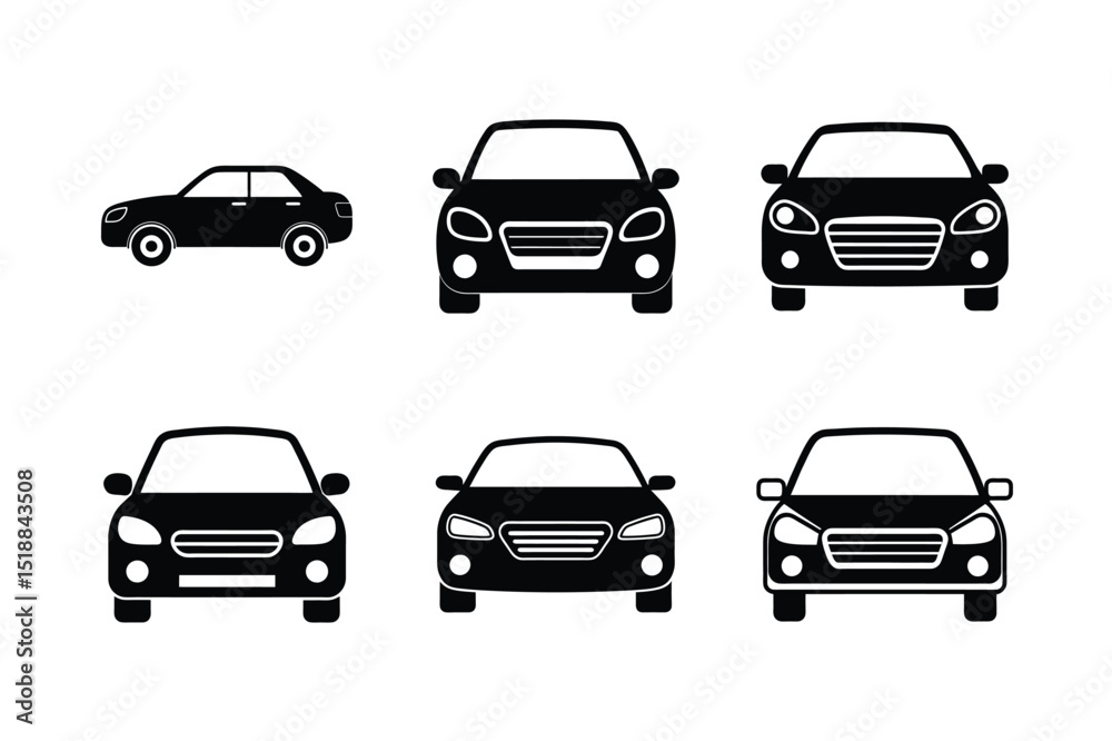 Car Front View Silhouette and Outline Icon Set Car Front View Silhouette and Outline Icon Set