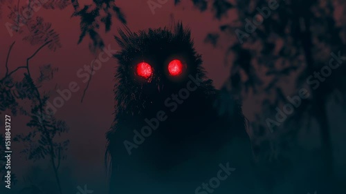 Creepy owl with glowing red eyes in the dark forest at night scene