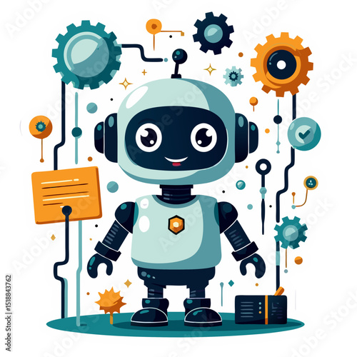 Illustration of a friendly robot surrounded by gears, circuits and technology elements