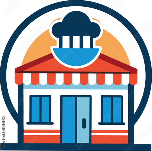 Colorful vector illustration of a restaurant or cafe building with chef hat symbol
