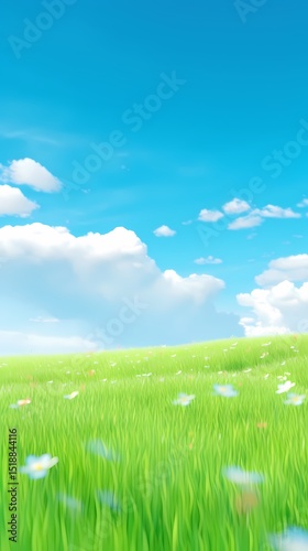 Blue sky white cloud green grass landscape illustration poster background