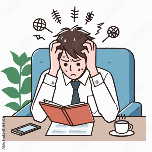 cartoon vector illustration of a person with a headache reading a book