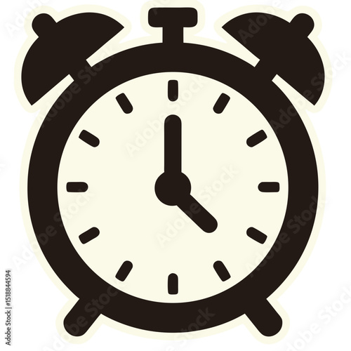 Black and white alarm clock icon isolated on black background for time management