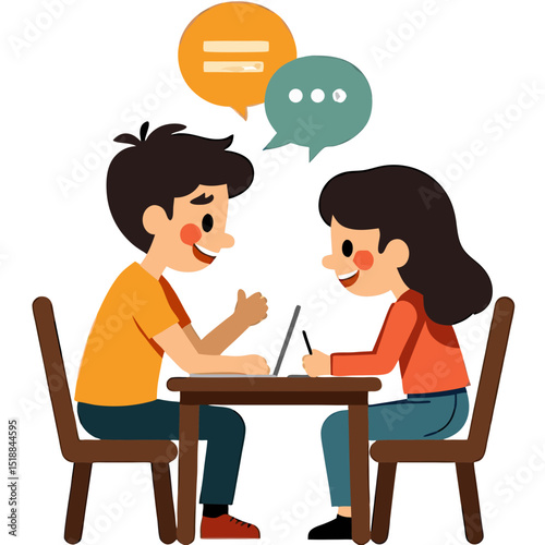 Illustration of a couple communicating and working together with a laptop, dialogue bubbles