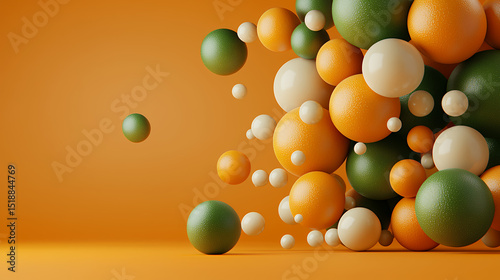 Abstract 3D Render Floating Orange Green Cream Spheres on Orange Background