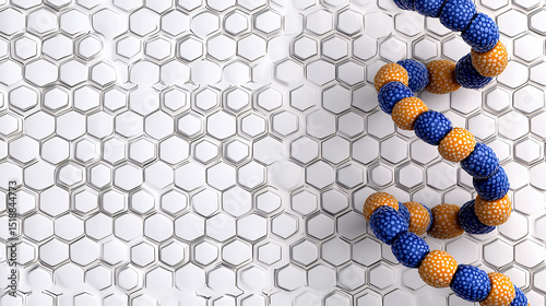 Abstract 3D Render Blue Orange Double Helix on Hexagonal Grid