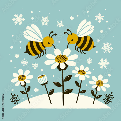 vector illustration of a bee sucking flower nectar
