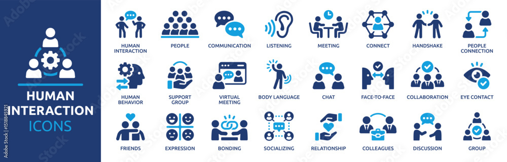 Human interaction icon set. Communication, people, connection, friends, chat, bonding, socializing, group, relationship and more. Solid vector icons collection.