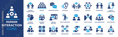 Human interaction icon set. Communication, people, connection, friends, chat, bonding, socializing, group, relationship and more. Solid vector icons collection.