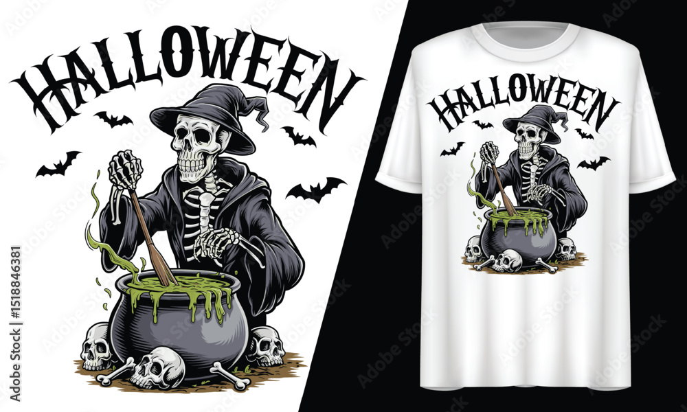 Fototapeta premium Halloween Skeleton Witch Cauldron, T-Shirt Design. 