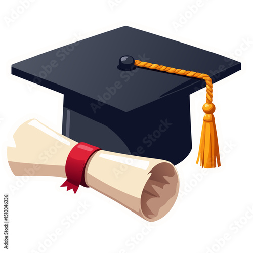 Illustration of a Graduation Cap and Diploma Scroll on Black Background