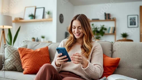 Wallpaper Mural Young woman smiles while using her smartphone sitting on the couch at home Torontodigital.ca