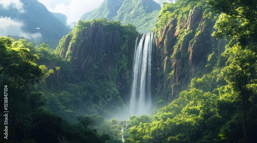 Majestic Waterfall Cascading Through a Lush Green Forest Landscape Scenery