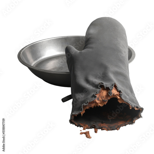 Charred metallic glove on plate kitchen digital art hyperrealistic close-up contrast