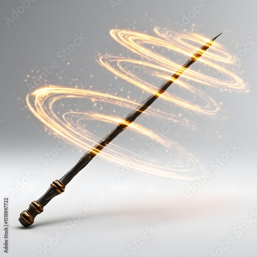 floating spell circles radiating from a glowing wand clearly suspended and visually isolated on white background with studio brightness