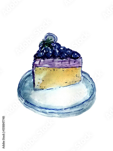 slice of cake with berries watercolor illustration