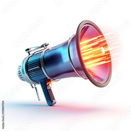 megaphone projecting radiant sound energy suspended in space with glowing motion isolated on white background in studio clarity