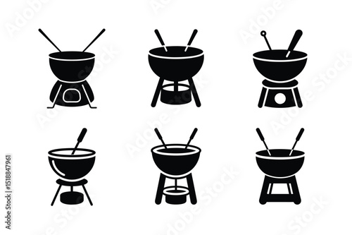 Fondue Pot Silhouette Icon Set