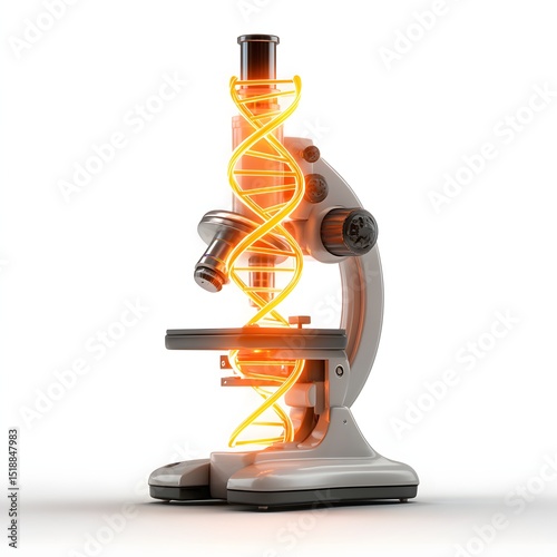 scientific microscope showcasing vibrant dna swirl floating in air visually isolated on white background with studio lighting