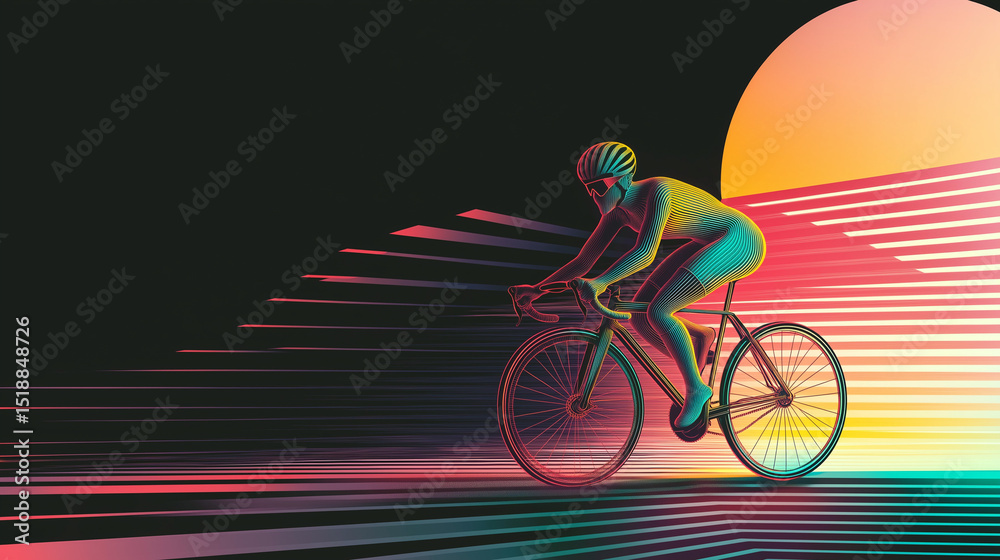 Fototapeta premium Neon Cyclist Silhouette with Retro Synthwave Sunset Background