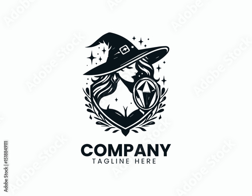 Mystical Witch Woman with Crystal Mirror Enchanting Magic Vector Logo Design