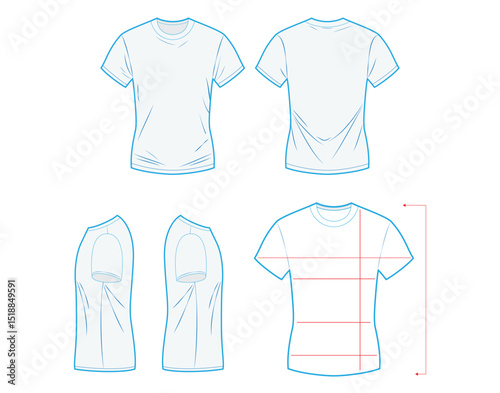 Clothes or T-Shirt Measurement Guide Template – Front, Back, Side Views with Sizing Lines for Online Shopping