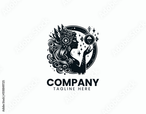 Mystical Witch Woman with Crystal Mirror Enchanting Magic Vector Logo Design