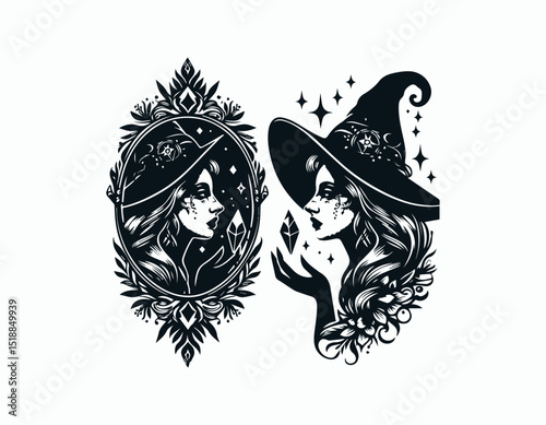 Mystical Witch Woman with Crystal Mirror Enchanting Magic Vector Logo Design