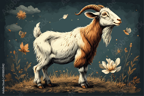 An image illustration of a goat with a cheerful floral background